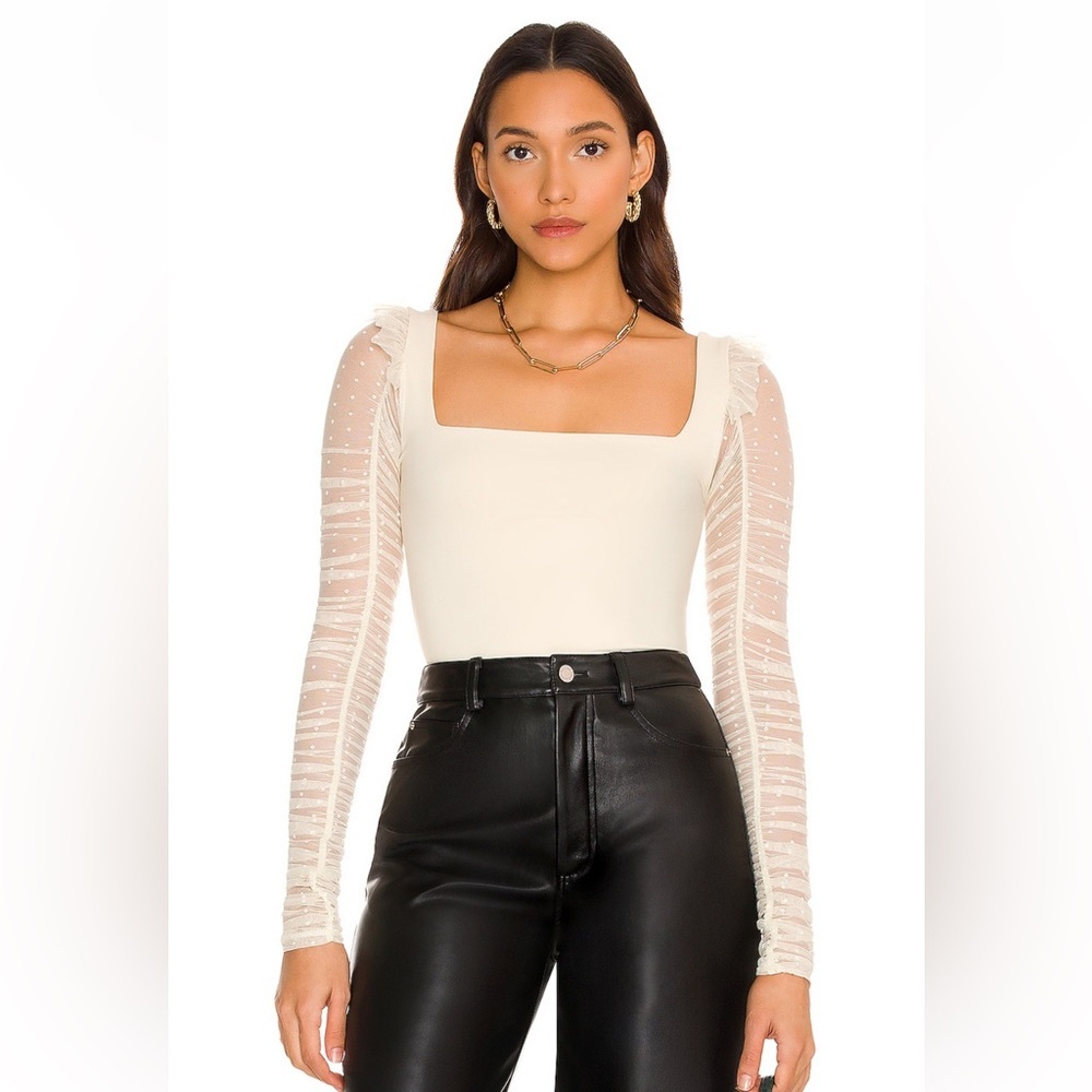 Free People Mesh Polka Dot Detail Sleeves Cream Bodysuit size L
